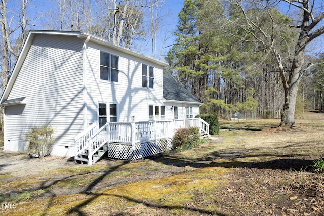 rear view of house with crawl space and a wooden deck