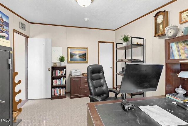 carpeted office space featuring visible vents and crown molding