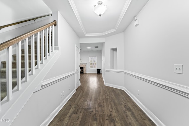 hall featuring a raised ceiling, ornamental molding, and dark hardwood / wood-style flooring