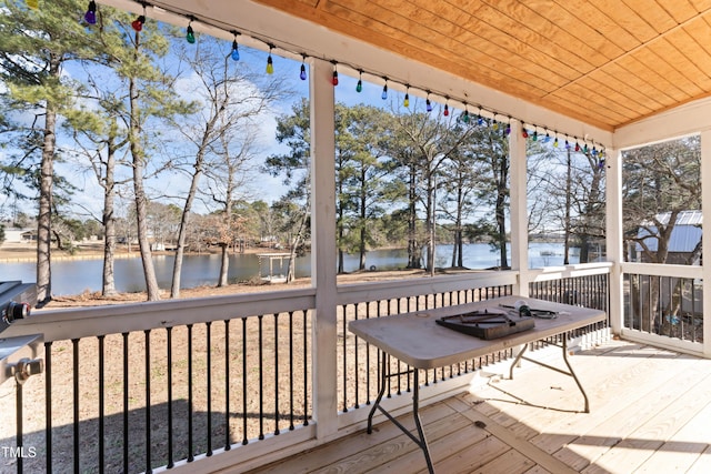 wooden terrace featuring a water view