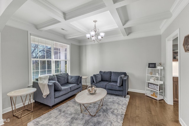 living room with dark wood-type flooring, a notable chandelier, coffered ceiling, and beamed ceiling