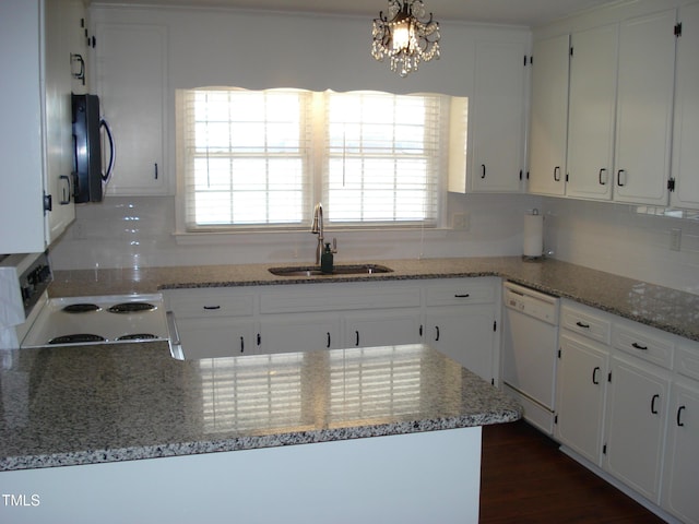 kitchen with sink, electric range, dishwasher, and white cabinets