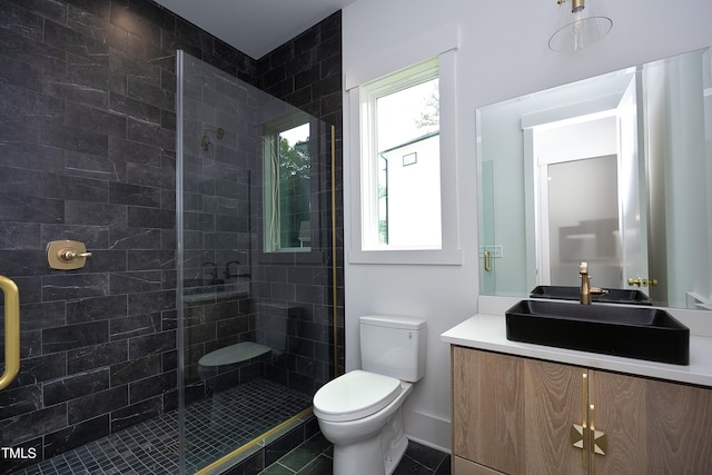 bathroom with plenty of natural light, toilet, a shower with shower door, and vanity