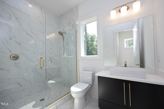 bathroom featuring a healthy amount of sunlight, toilet, an enclosed shower, and vanity