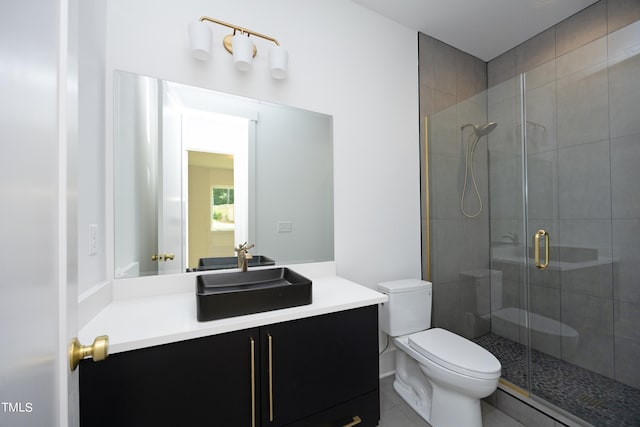 bathroom featuring vanity, toilet, and a shower with door