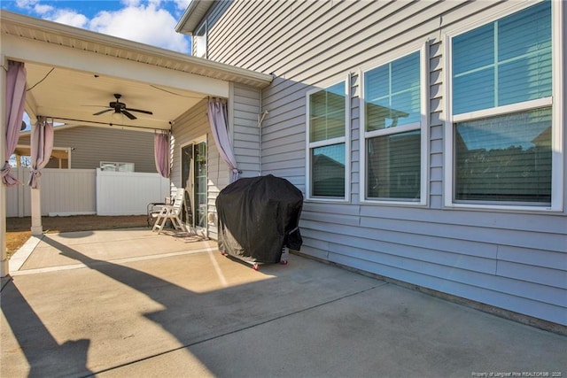 view of patio featuring ceiling fan and grilling area