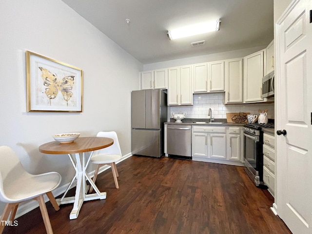 kitchen with sink, stainless steel appliances, dark hardwood / wood-style floors, white cabinets, and decorative backsplash