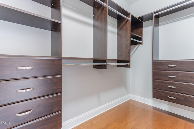 walk in closet with light hardwood / wood-style floors