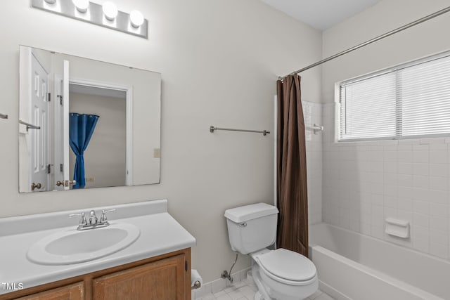 full bathroom with vanity, toilet, and shower / bathtub combination with curtain