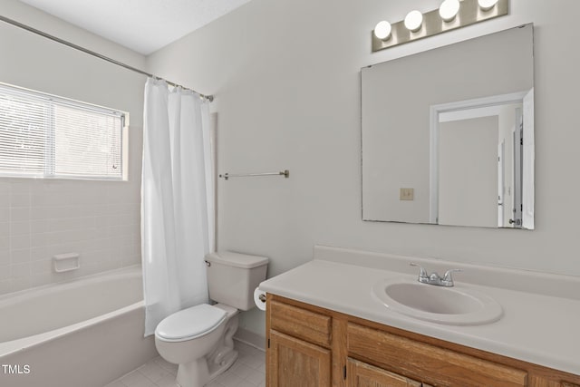 full bathroom featuring vanity, shower / tub combo, tile patterned flooring, and toilet