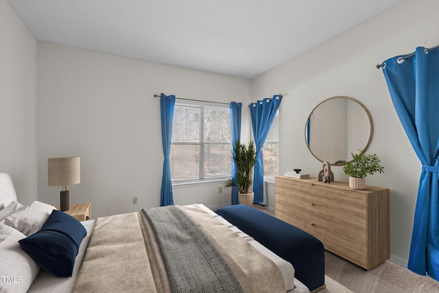 bedroom featuring carpet flooring and a textured ceiling