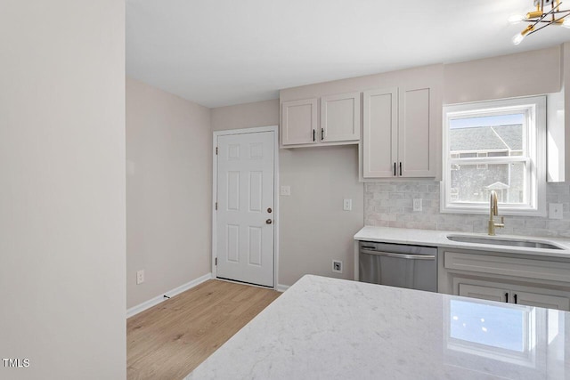 kitchen with sink, white cabinetry, tasteful backsplash, stainless steel dishwasher, and light wood-type flooring