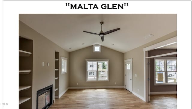 unfurnished living room featuring ceiling fan, lofted ceiling, a healthy amount of sunlight, and light hardwood / wood-style floors