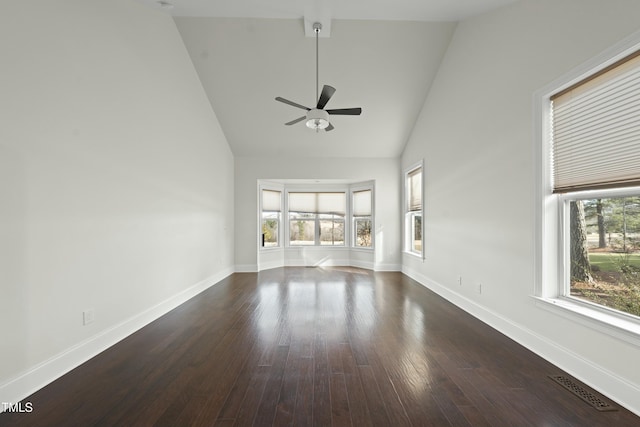 unfurnished living room featuring ceiling fan, plenty of natural light, high vaulted ceiling, and dark hardwood / wood-style floors