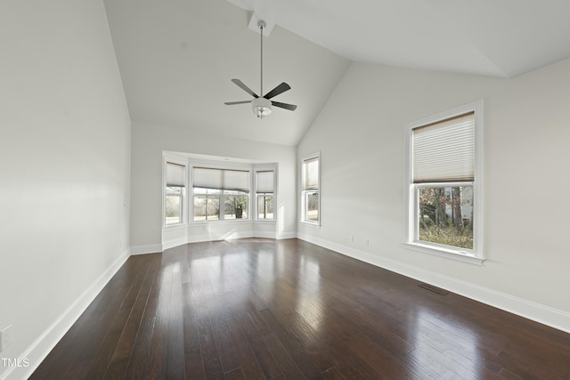 unfurnished living room featuring dark hardwood / wood-style flooring, high vaulted ceiling, and ceiling fan