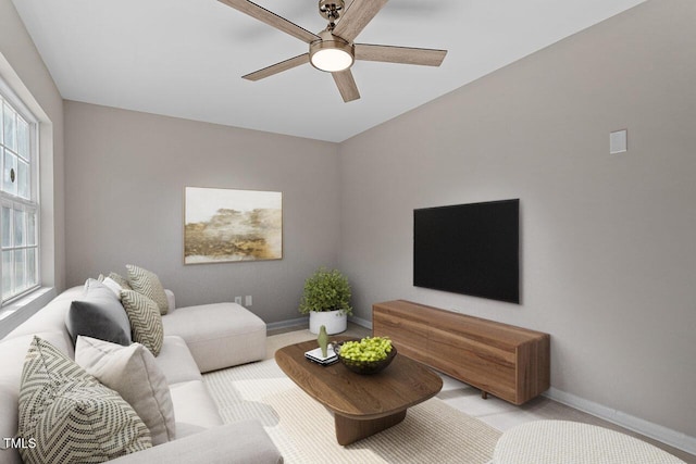 living room with ceiling fan