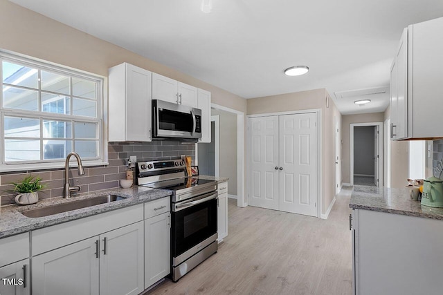 kitchen featuring sink, white cabinetry, light stone counters, appliances with stainless steel finishes, and backsplash