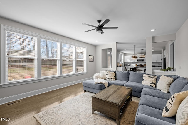 living room featuring ceiling fan and hardwood / wood-style floors