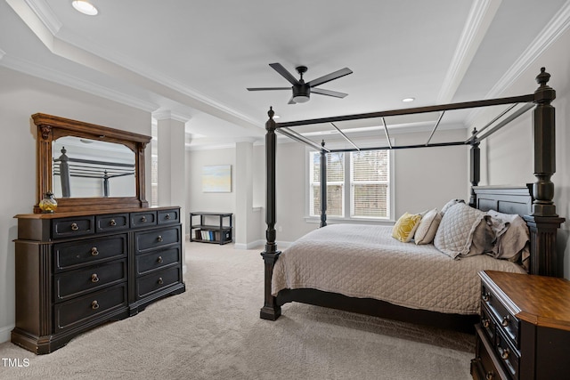 bedroom with crown molding, carpet floors, and ceiling fan