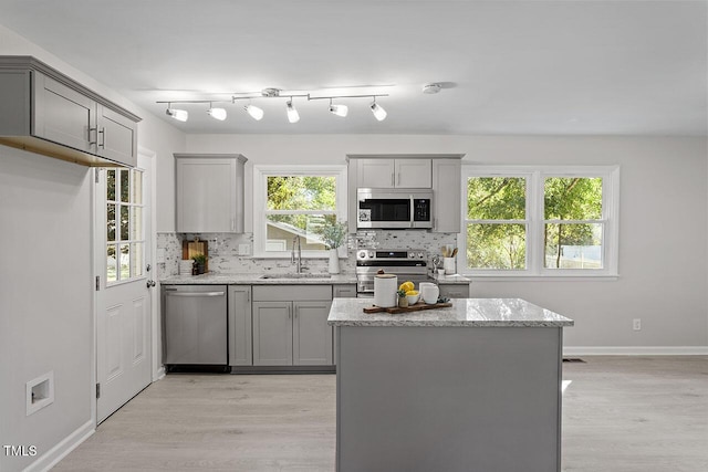 kitchen with sink, gray cabinetry, stainless steel appliances, light stone countertops, and decorative backsplash