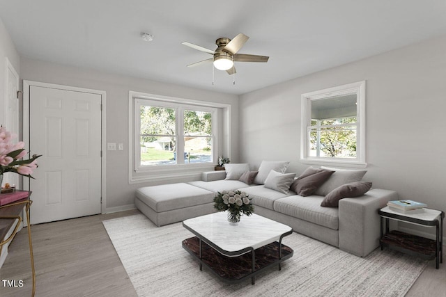 living room with ceiling fan, a healthy amount of sunlight, and light wood-type flooring