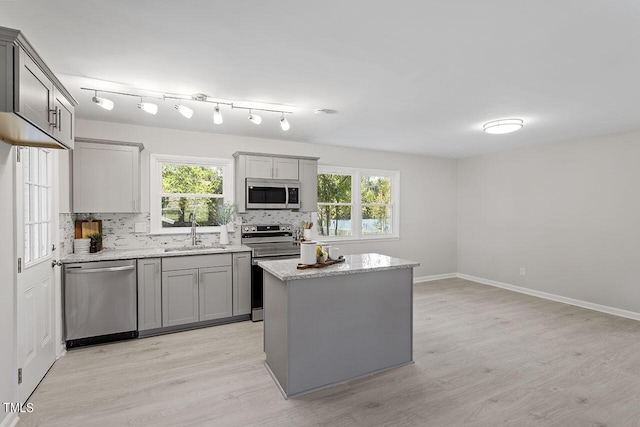 kitchen featuring gray cabinets, a kitchen island, tasteful backsplash, sink, and stainless steel appliances