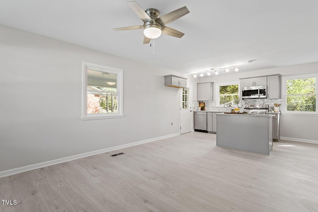 kitchen featuring gray cabinets, a kitchen island, a wealth of natural light, backsplash, and stainless steel appliances