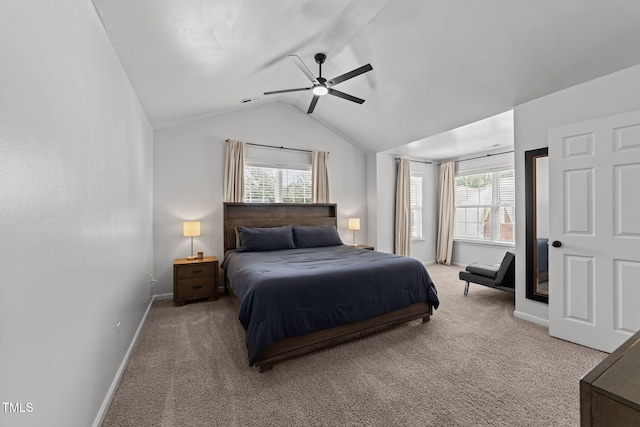 8005 Chatahoochie Ln, Raleigh, NC 27616 - bedroom featuring carpet floors, vaulted ceiling, multiple windows, and a ceiling fan