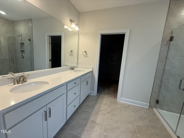 bathroom with vanity, tile patterned flooring, and a shower with door