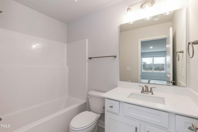 full bathroom with vanity, shower / washtub combination, and toilet