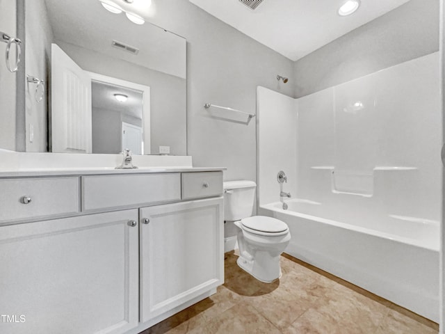 full bathroom with vanity,  shower combination, and toilet