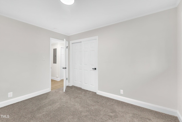 empty room with electric panel and carpet flooring