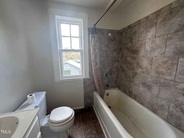 full bathroom with vanity, toilet, and shower / bathtub combination with curtain