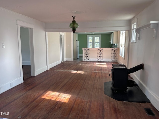 unfurnished living room with dark wood-type flooring