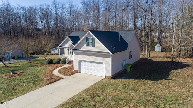 view of property exterior featuring a garage and a lawn