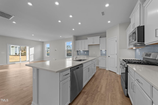 kitchen with white cabinetry, sink, a kitchen island with sink, and appliances with stainless steel finishes