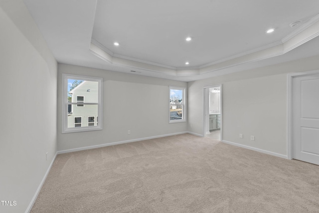 carpeted spare room featuring a raised ceiling and ornamental molding