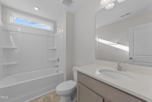 full bathroom with toilet, vanity, and shower / bathing tub combination