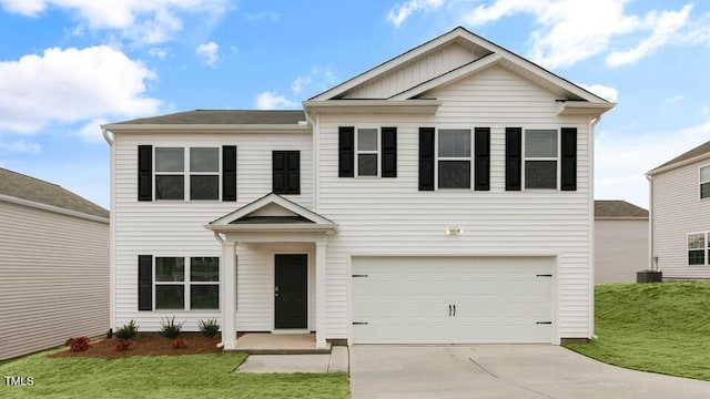 view of front of home featuring a garage, central AC, and a front lawn