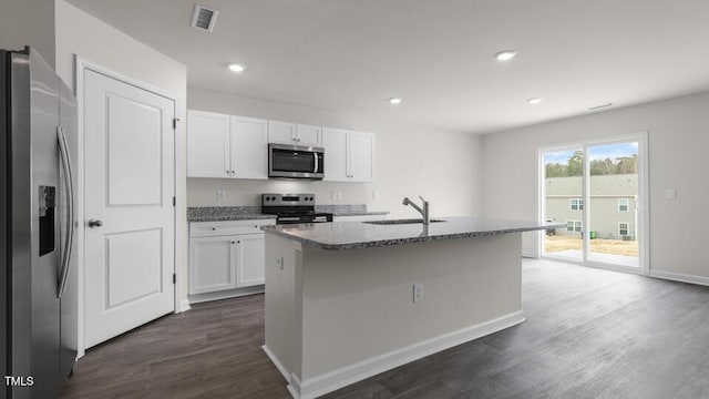 kitchen featuring a kitchen island with sink, white cabinets, and appliances with stainless steel finishes