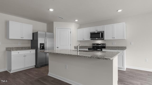 kitchen with sink, dark hardwood / wood-style floors, stainless steel appliances, a kitchen island with sink, and white cabinets