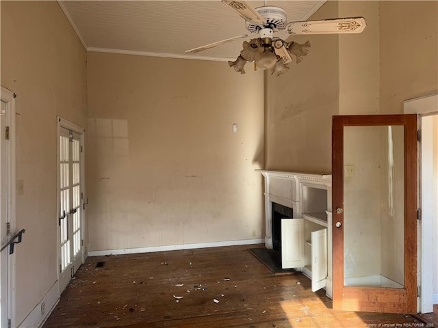 unfurnished living room featuring crown molding, hardwood / wood-style floors, and ceiling fan