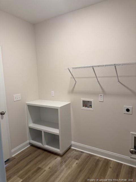 washroom featuring hookup for a washing machine, laundry area, wood finished floors, baseboards, and electric dryer hookup