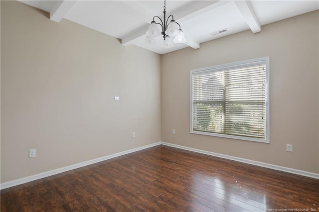 empty room featuring beam ceiling, a chandelier, and dark hardwood / wood-style flooring