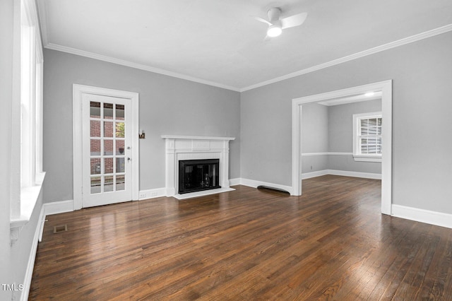 945 Sycamore St, Rocky Mount, NC 27801 - unfurnished living room with a ceiling fan, hardwood / wood-style flooring, ornamental molding, a fireplace with flush hearth, and healthy amount of natural light