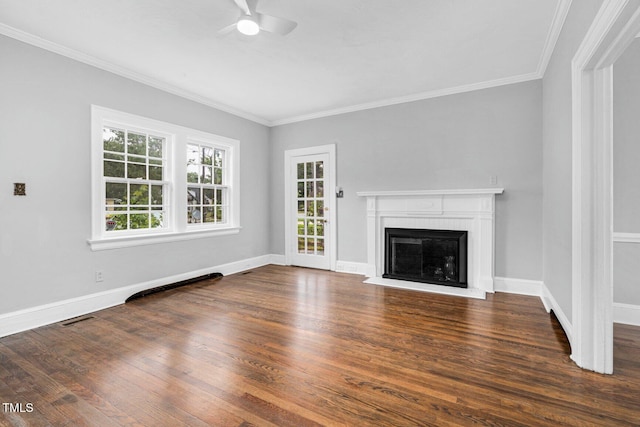 945 Sycamore St, Rocky Mount, NC 27801 - unfurnished living room featuring a ceiling fan, wood finished floors, a glass covered fireplace, ornamental molding, and baseboards