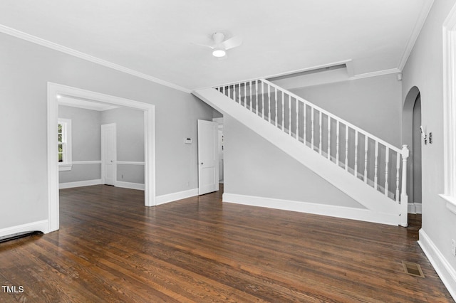 945 Sycamore St, Rocky Mount, NC 27801 - unfurnished living room with ornamental molding, wood finished floors, stairway, and baseboards