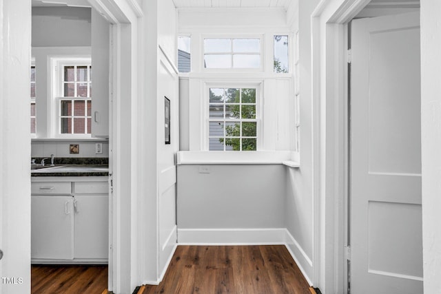 945 Sycamore St, Rocky Mount, NC 27801 - hall with dark wood-style flooring, baseboards, and a sink