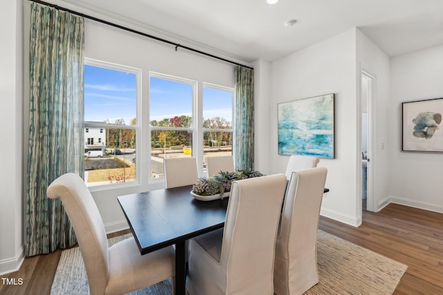 dining space featuring wood-type flooring and plenty of natural light