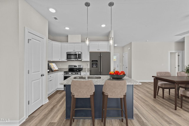 kitchen with visible vents, a center island with sink, a sink, stainless steel appliances, and white cabinets